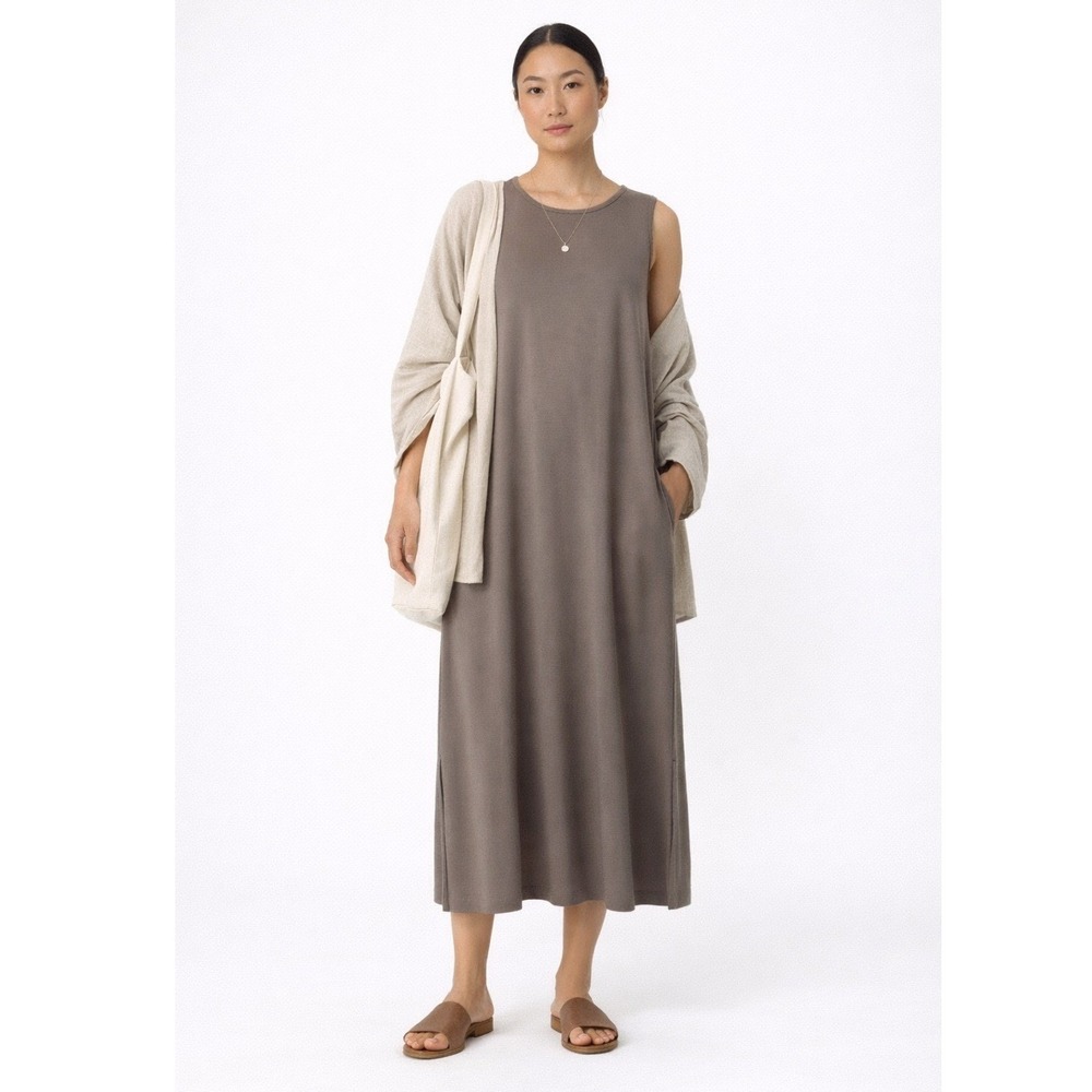 MOD REF‎ Brown Taupe Round Neck Midi Dress S Minimal Comfortable Casual